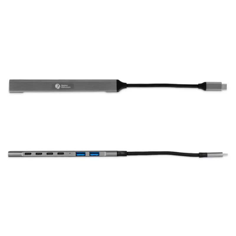 Hub USB-C 7-em-1 BakkerElkhuizen BNECHUB3A4C — 7 conectores (USB 3.2 Gen1 A, USB 3.2 Gen1 C, USB 2.0), caixa em alumínio, cinzento/preto