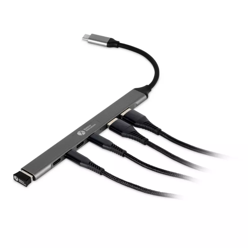 Hub USB-C 7-em-1 BakkerElkhuizen BNECHUB3A4C — 7 conectores (USB 3.2 Gen1 A, USB 3.2 Gen1 C, USB 2.0), caixa em alumínio, cinzento/preto