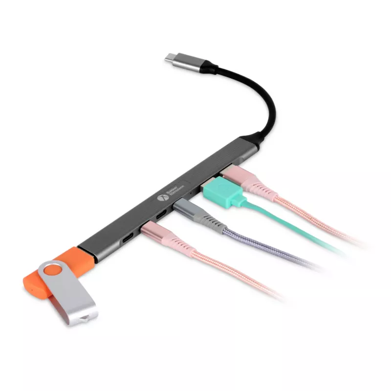Hub USB-C 7-em-1 BakkerElkhuizen BNECHUB3A4C — 7 conectores (USB 3.2 Gen1 A, USB 3.2 Gen1 C, USB 2.0), caixa em alumínio, cinzento/preto