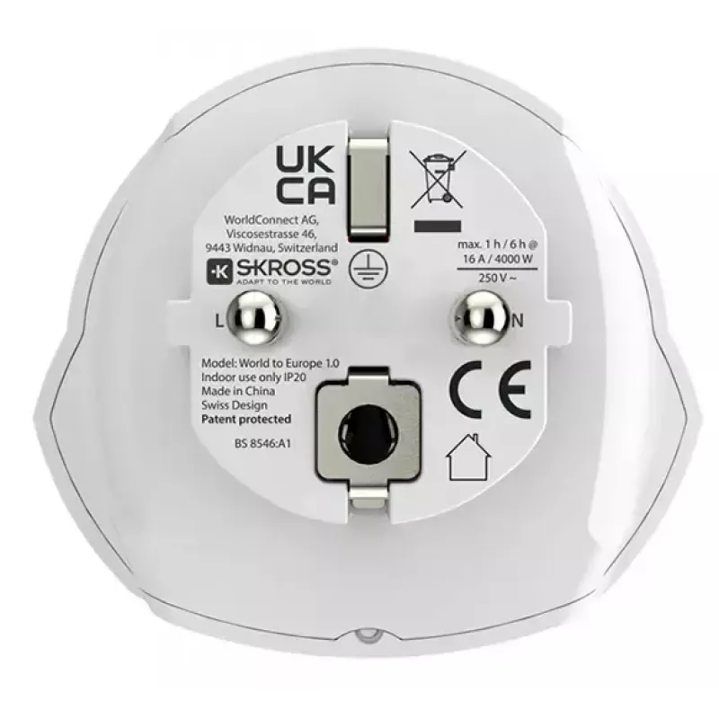 Adaptador de viagem SKROSS World to Europe — entrada universal para tomada europeia, branco, 64×58×47 mm