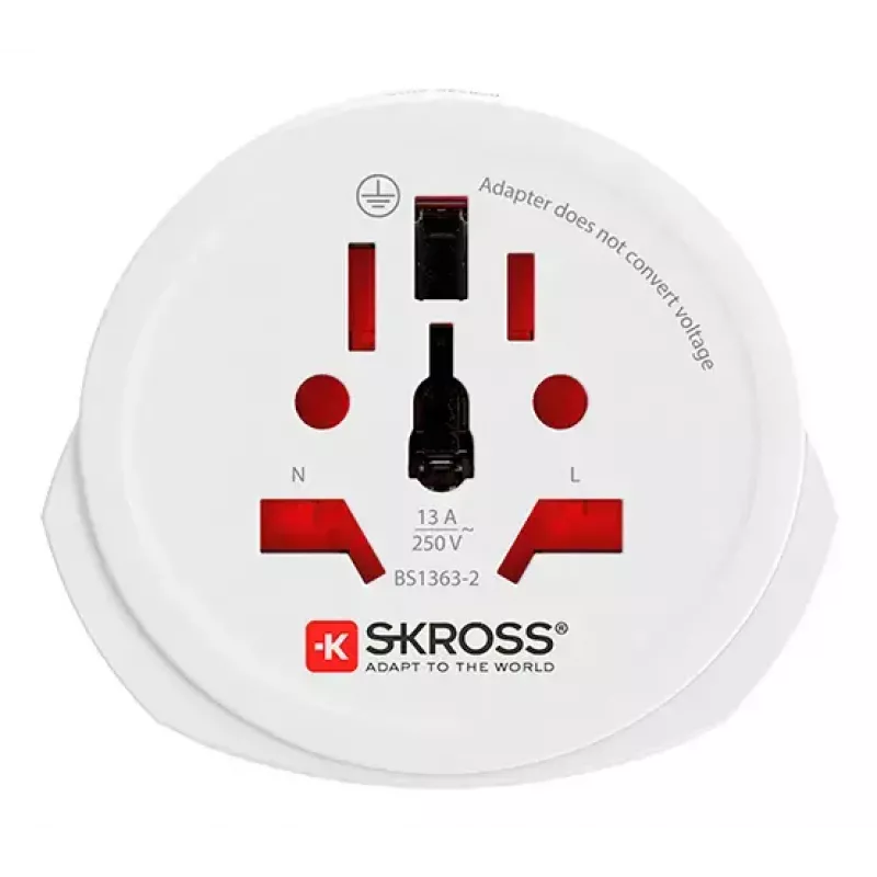 Adaptador de viagem SKROSS World to Europe — entrada universal para tomada europeia, branco, 64×58×47 mm