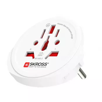 Adaptador de viagem SKROSS World to Europe — entrada universal para tomada europeia, branco, 64×58×47 mm