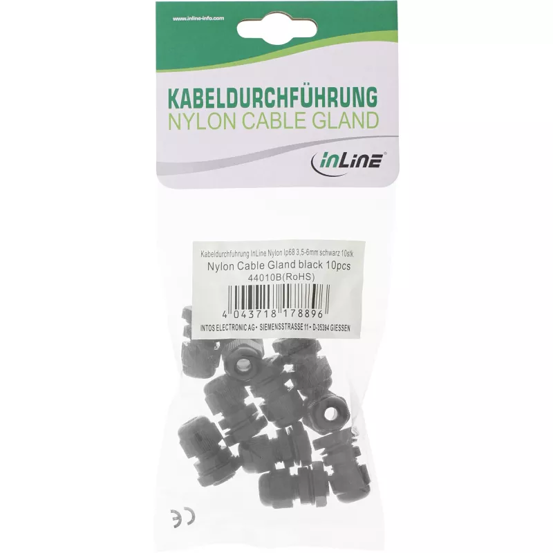 InLine 44010B bucim de cabo PG 7, IP68, 3,5-6 mm, nylon com vedação de neopreno, 10 unid., preto