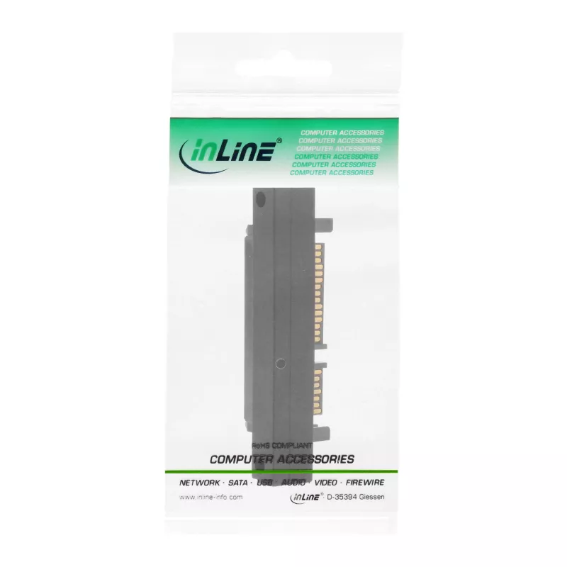 Adaptador SATA InLine, M/F, 22 pinos (15+7) inclinado para baixo