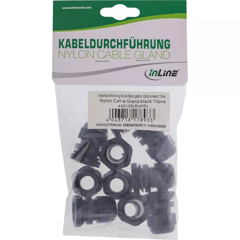 Prensa-cabos InLine 44012B nylon IP68 para cabo Ø6–12 mm, preto, pack de 10