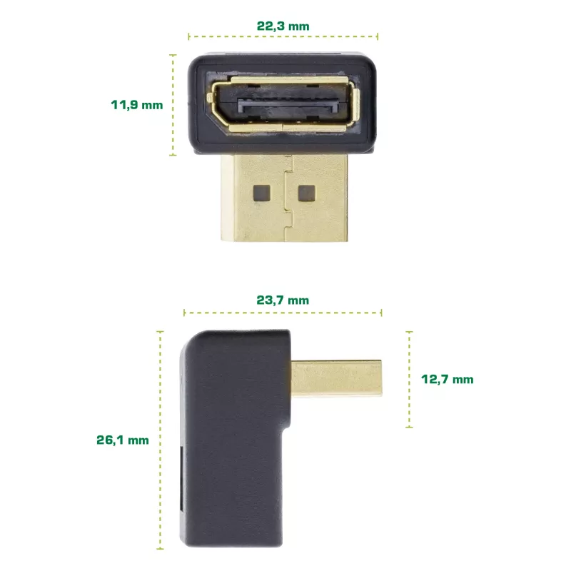 Adaptador DisplayPort InLine, ficha / conector fêmea DisplayPort angulado para baixo