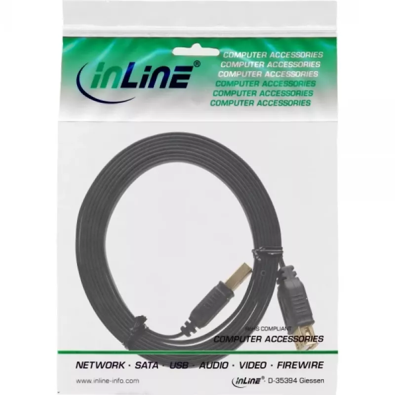 Cabo plano USB 2.0 InLine Type-A ficha / conector fêmea com banho de ouro preto 5 m
