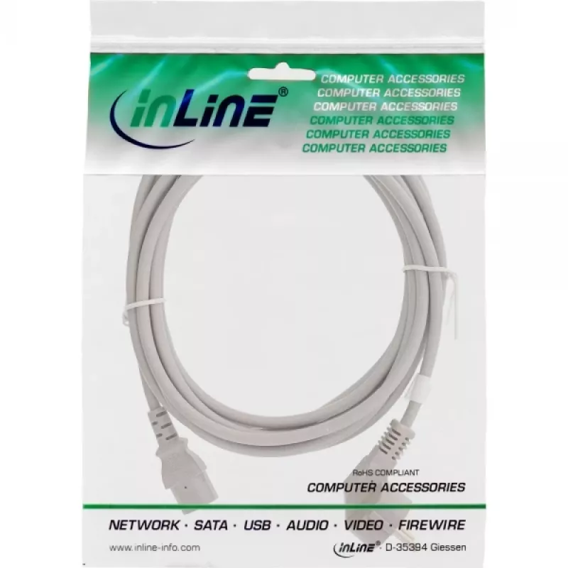 Cabo de alimentação InLine, CEE 7/7 angulado / ficha IEC C13 de 3 pinos, cinzento, 2 m