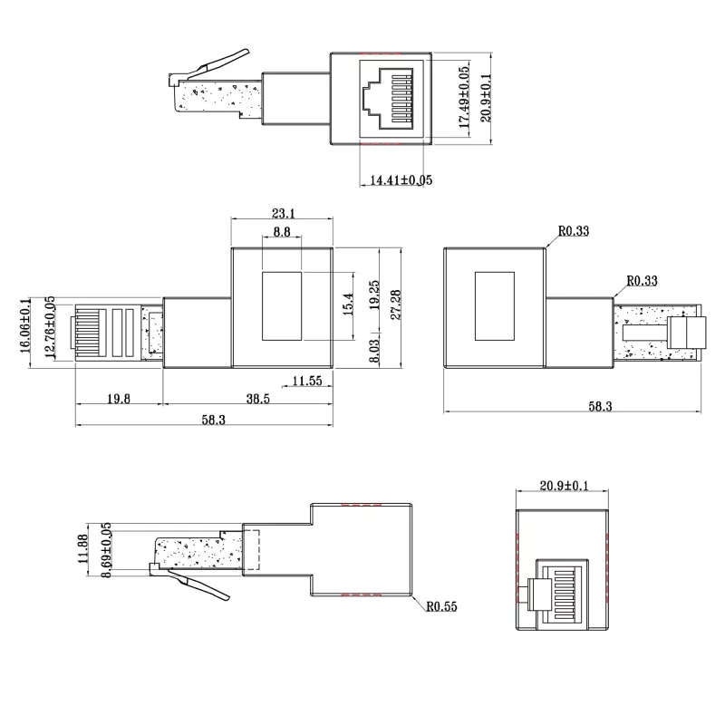 Adaptador de cabo de rede Cat.6A InLine, RJ45 macho / fêmea, ângulo de 90° para a direita