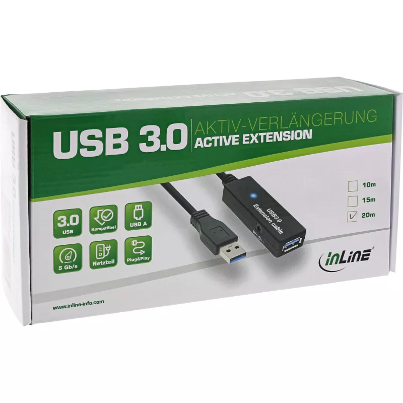 Cabo repetidor ativo USB3.2 Gen.1 InLine Type-A macho / fêmea, preto, 20 m