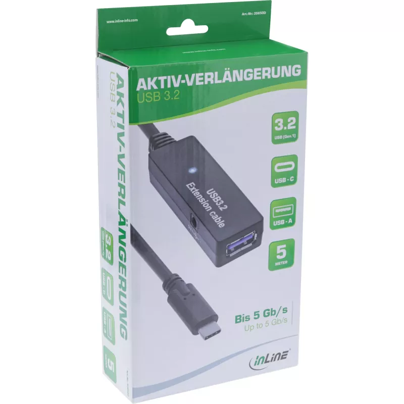 Extensão ativa USB 3.2 Gen.1 InLine, ficha USB-C para conector fêmea USB-A, 5 m