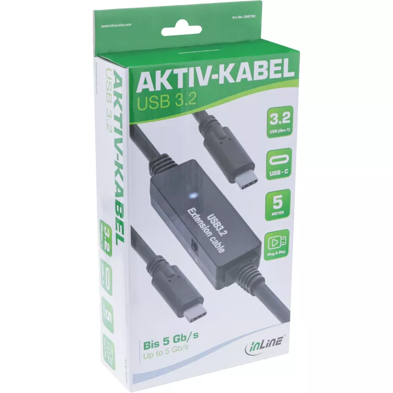 Cabo ativo USB 3.2 Gen.1 InLine, ficha USB-C para ficha USB-C, 5m