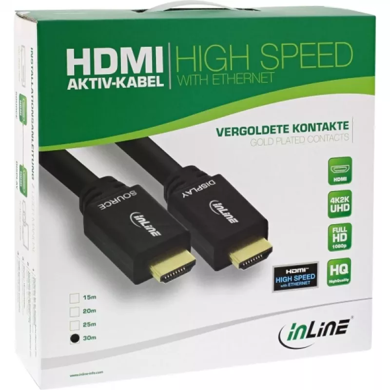 Cabo HDMI High Speed ativo InLine com Ethernet, M/M, preto, contactos dourados, 30 m