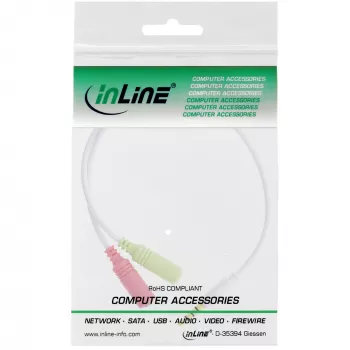 Cabo adaptador de áudio para headset InLine 3,5 mm ficha 4 polos / 2x 3,5 mm, branco, 0,15 m