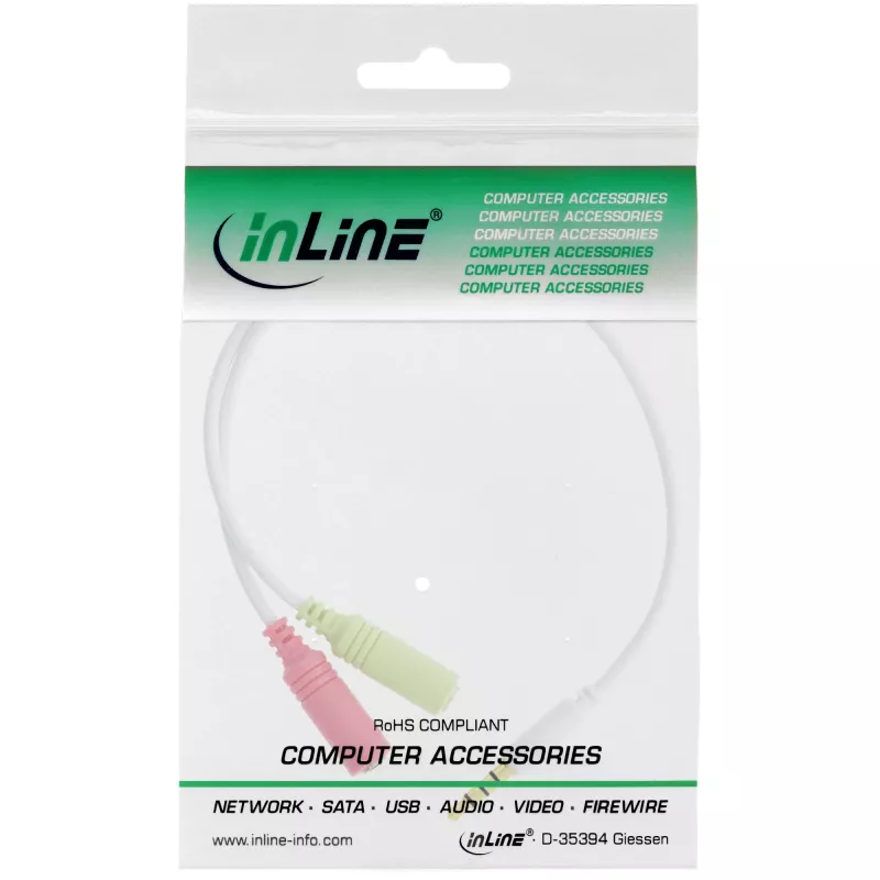 Cabo adaptador de áudio para headset InLine 3,5 mm ficha 4 polos / 2x 3,5 mm, branco, 0,15 m