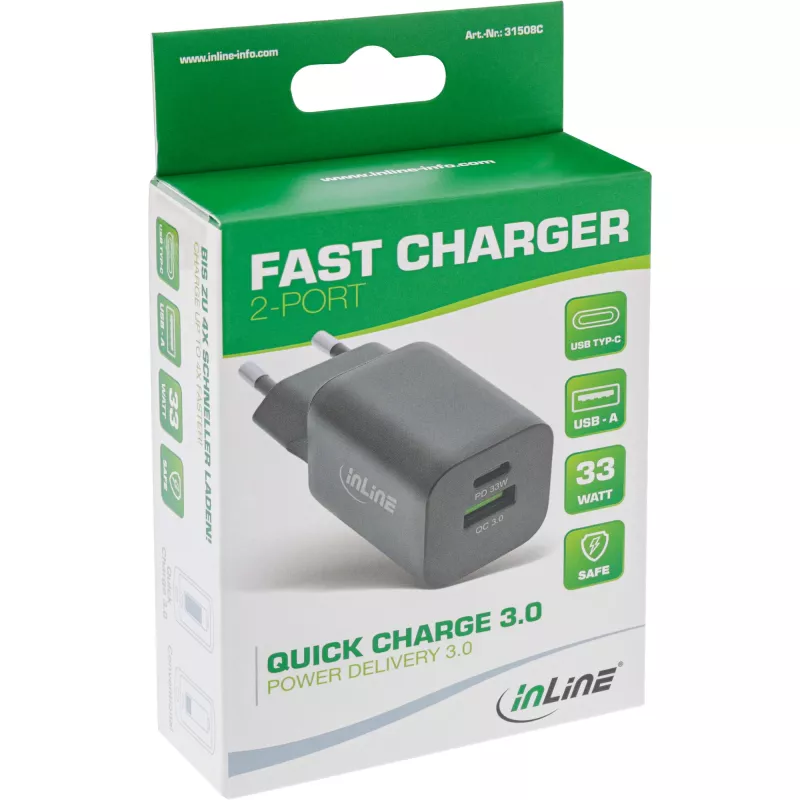 Fonte de alimentação USB InLine, carregador, USB-A + USB Type-C, 33W, PD + QC