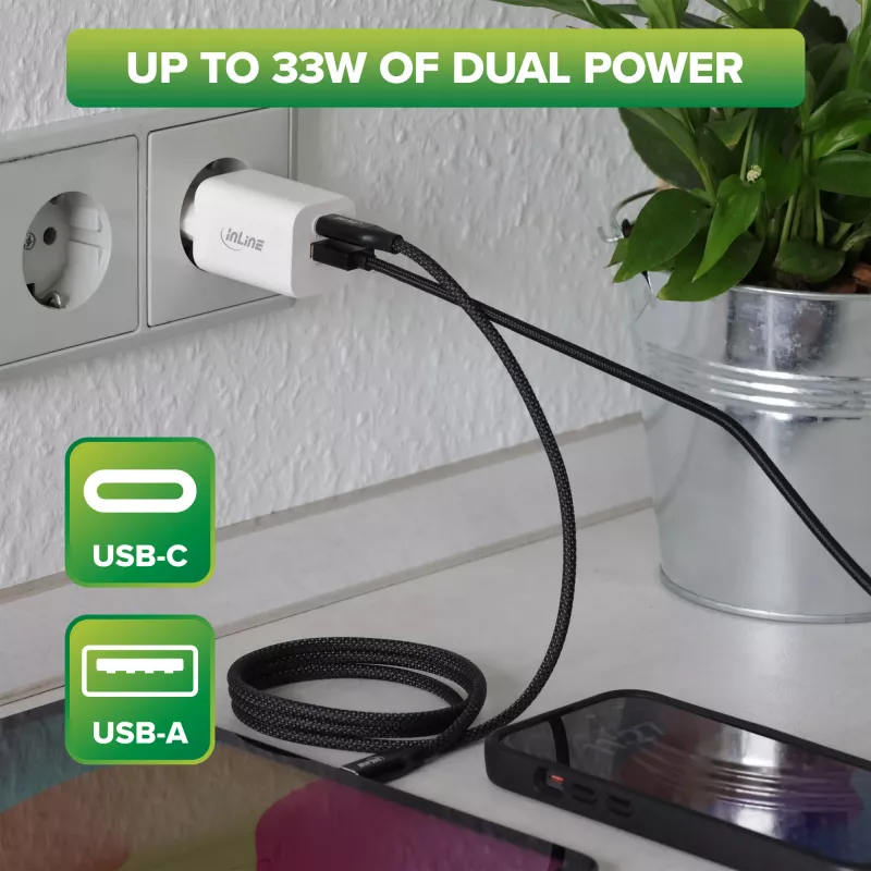 Fonte de alimentação USB InLine, carregador, USB-A + USB Type-C, 33W, PD + QC