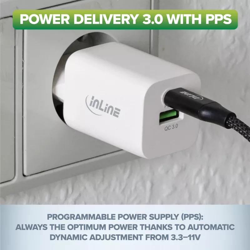 Fonte de alimentação USB InLine, carregador, USB-A + USB Type-C, 33W, PD + QC