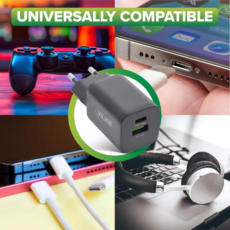 Fonte de alimentação USB InLine, carregador, USB-A + USB Type-C, 33W, PD + QC