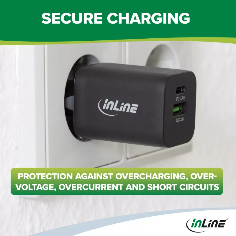 Fonte de alimentação USB InLine, carregador, USB-A + USB Type-C, 33W, PD + QC