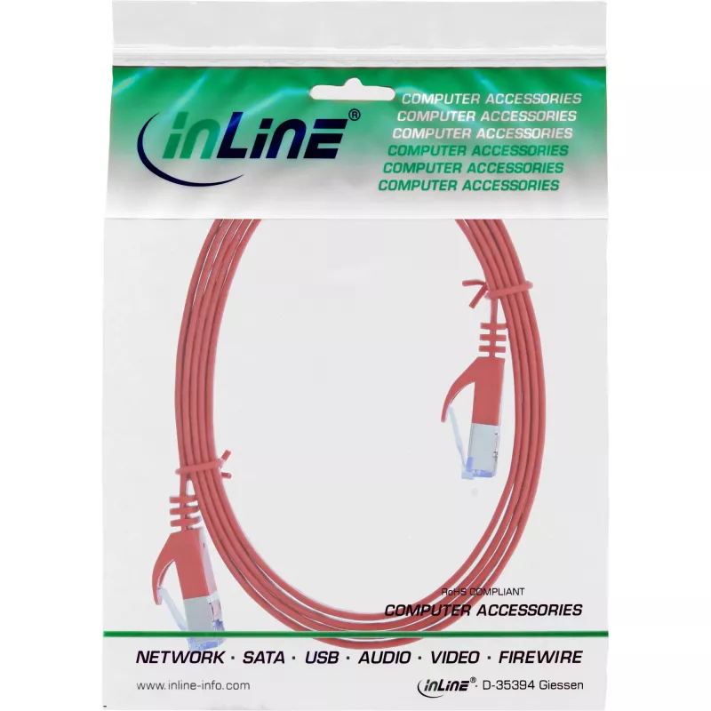 Cabo patch plano InLine, U/FTP, Cat.6A, vermelho, 3 m