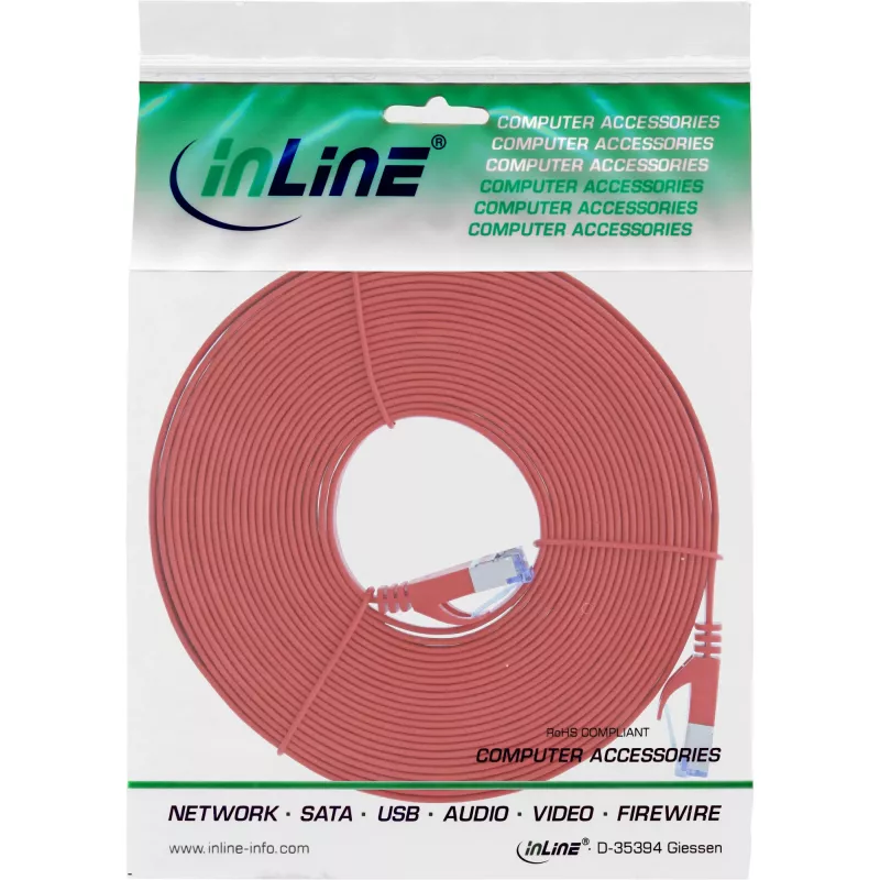 Cabo patch plano InLine, U/FTP, Cat.6A, vermelho, 7 m