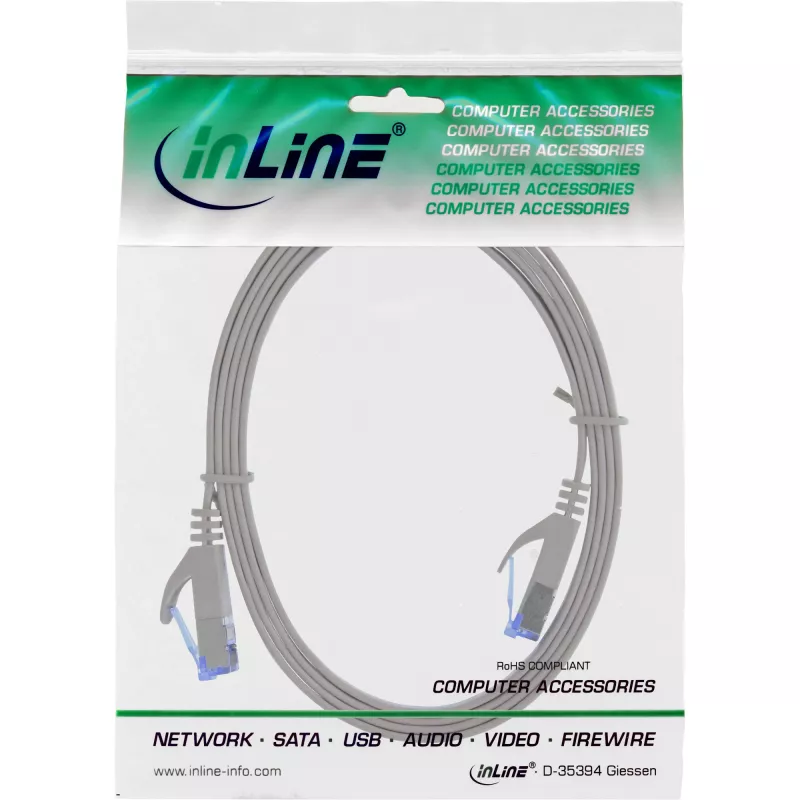 Cabo patch plano InLine, U/FTP, Cat.6A, cinzento, 2 m