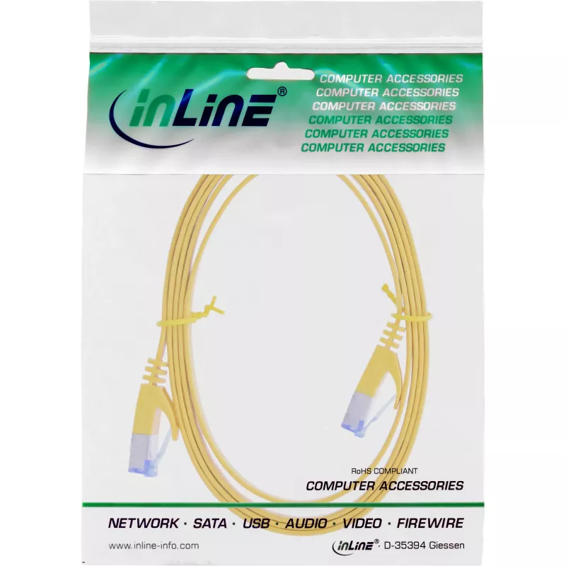 Cabo patch plano InLine, U/FTP, Cat.6A, amarelo, 1 m
