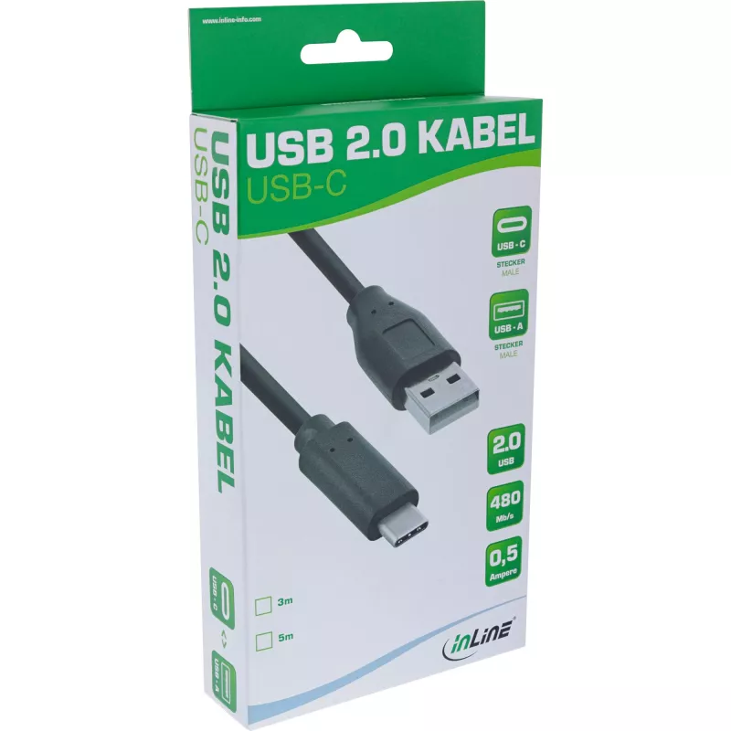 Cabo USB 2.0 InLine, ficha USB-C / ficha USB-A, preto, 3m