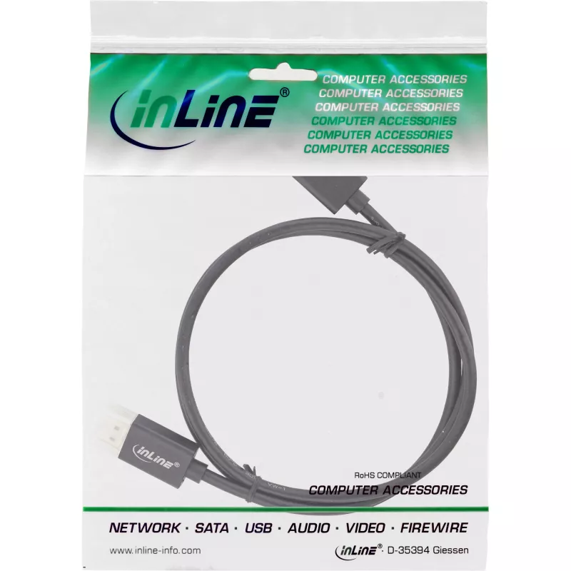 Cabo DisplayPort 1.4 InLine fino, 8K4K, preto, contactos dourados, 1 m