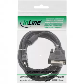Cabo HDMI-DVI InLine 19 pin macho / 18+1 macho + núcleo de ferrite preto 1,5m
