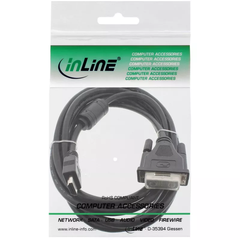 Cabo HDMI-DVI InLine 19 pin macho / 18+1 macho + núcleo de ferrite preto 0,5m
