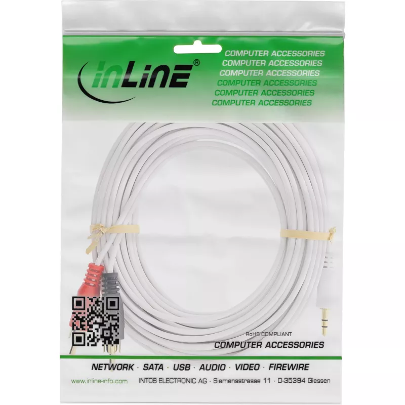 Cabo de áudio InLine 2x RCA macho / 3,5 mm jack macho estéreo branco/dourado 2,5m