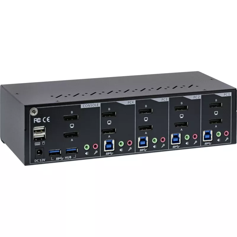 Comutador KVM de secretária InLine 63654I 4 portas monitor duplo DP 1.2 4K USB 3.0 áudio