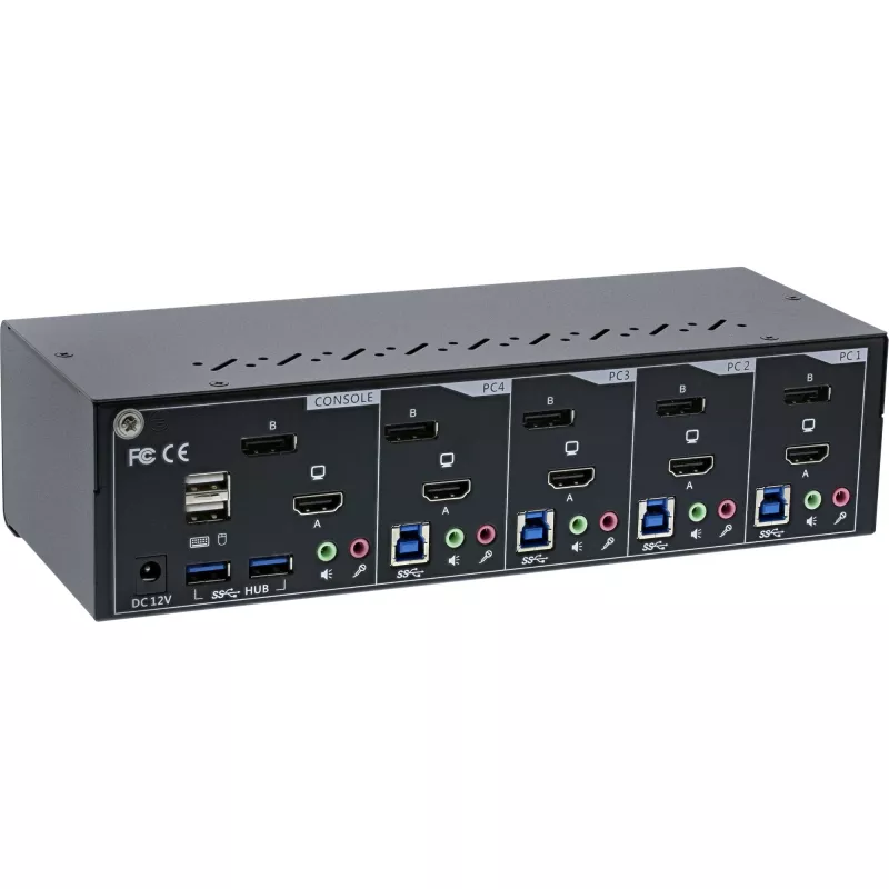 Comutador KVM de secretária InLine 62644I 4 portas monitor duplo DP+HDMI 4K USB 3.0 áudio