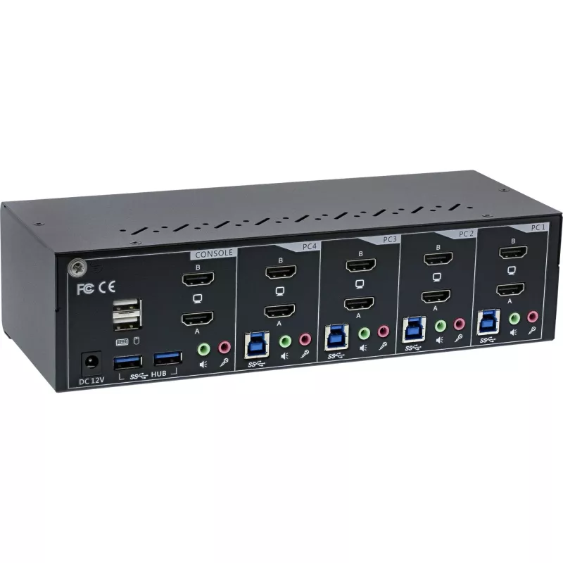 Comutador KVM de secretária InLine 62654I 4 portas monitor duplo HDMI 4K USB 3.0 áudio