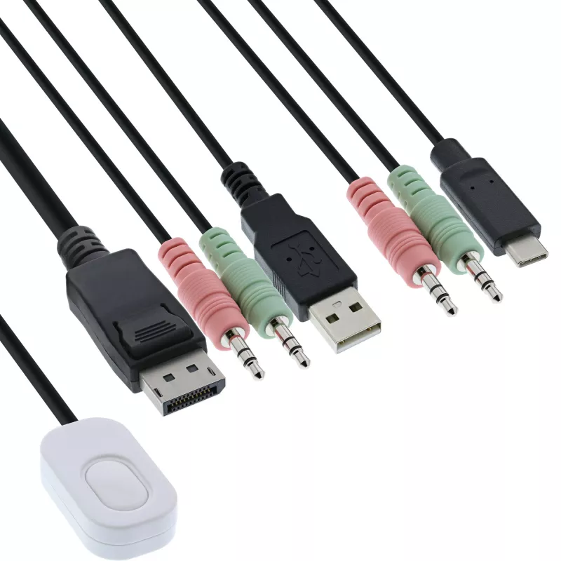 Comutador KVM InLine, 2 portas, USB-C+DP para DisplayPort, 4K, áudio, cabo integrado