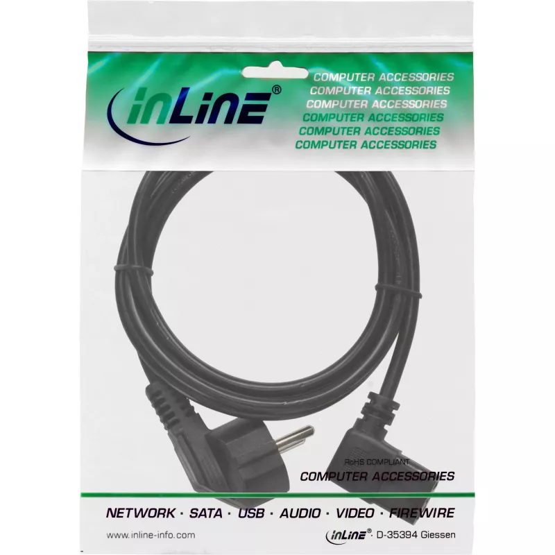 Cabo de alimentação InLine, CEE 7/7 angular / ficha IEC C13 de 3 polos angular, 0,3 m