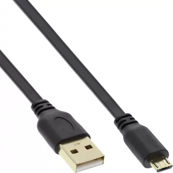 Cabo plano InLine Micro USB 2.0 USB A / Micro-B, preto/dourado, 0,3 m