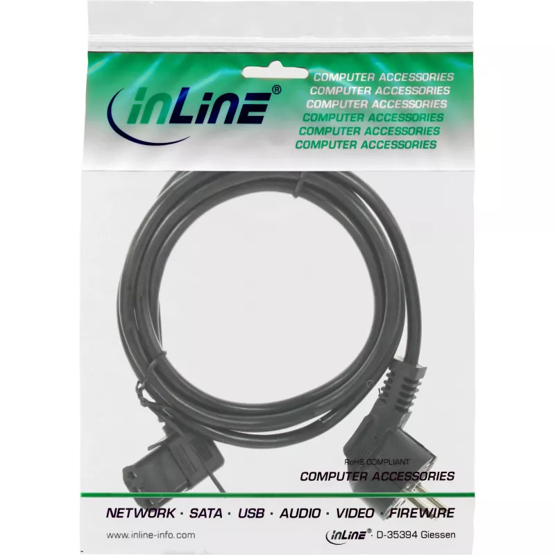 Cabo de alimentação InLine, CEE 7/7 angular / IEC C13 de 3 polos angular à esquerda, preto, 0,3 m
