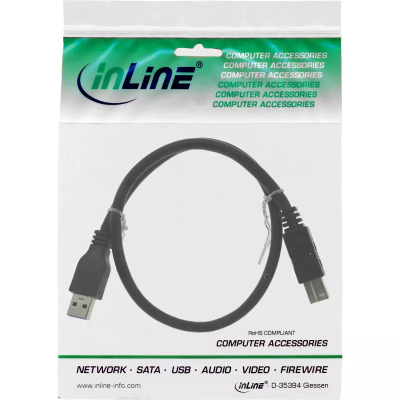 Cabo InLine USB 3.2 Gen.1 Type-A macho / Type-B macho, preto, 0,3 m