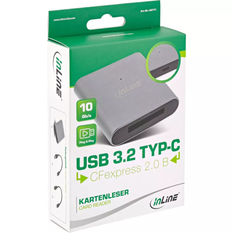 Leitor de cartões InLine USB 3.2 USB-C ou USB-A, para cartões CFexpress tipo B