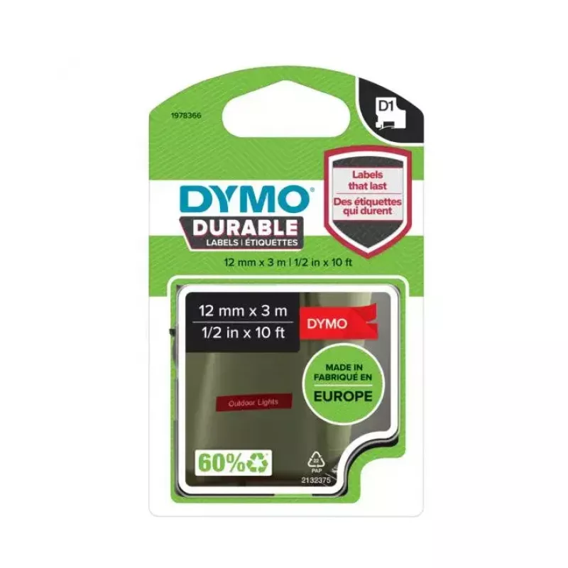 DYMO D1 1978366 Fita para etiquetas, branco sobre vermelho, 12 mm x 3 m