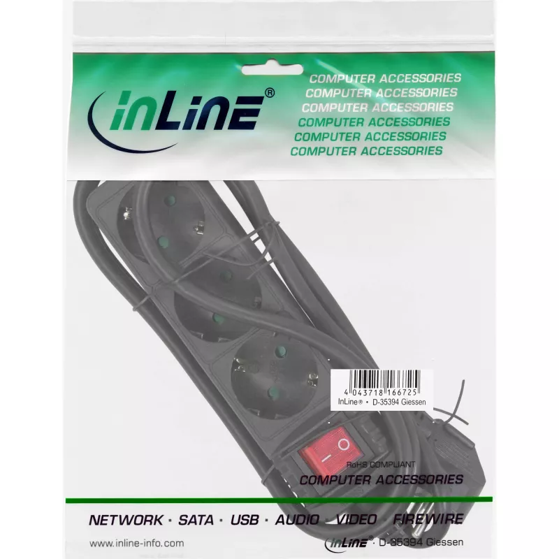 Régua de tomadas InLine, 3 tomadas Schuko CEE 7/3, com interruptor, preto, 3 m