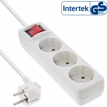 Régua de tomadas InLine, 3 tomadas Schuko CEE 7/3, com interruptor, branco, 1,5 m
