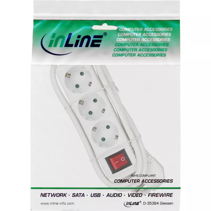 Régua de tomadas InLine, 3 tomadas Schuko CEE 7/3, com interruptor, branco, 1,5 m