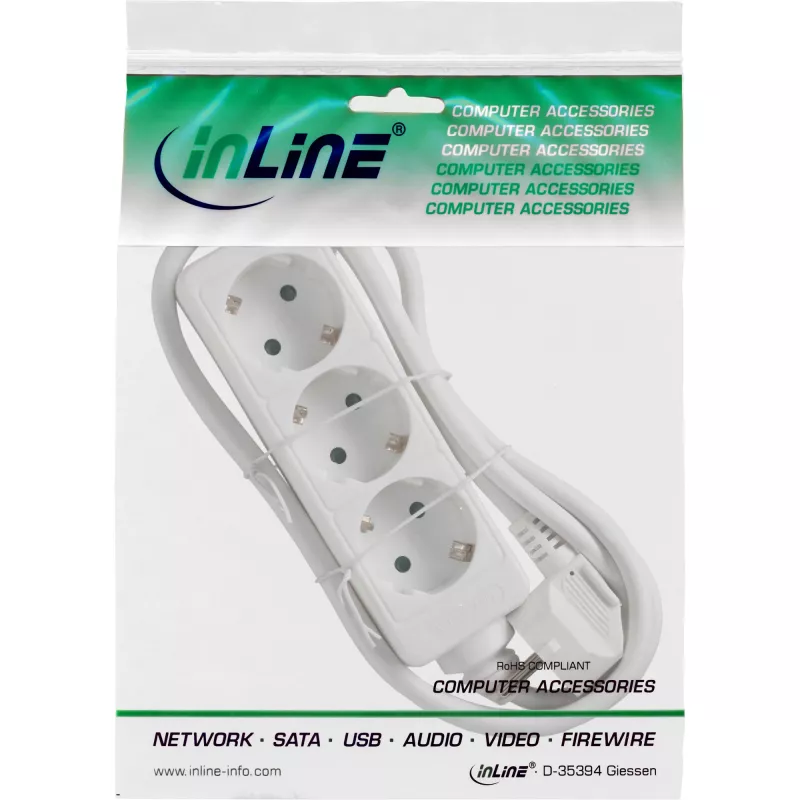 Régua de tomadas InLine 16433W 3 tomadas Schuko CEE 7/3 branco 3m