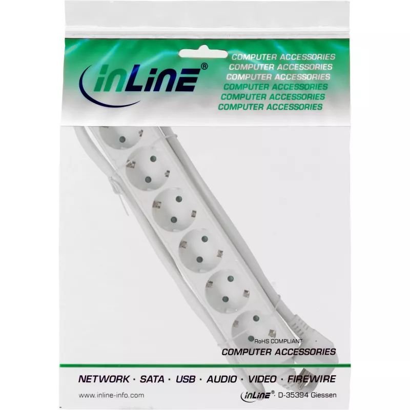 Régua de tomadas InLine 6 tomadas Schuko CEE 7/3 branco 5m