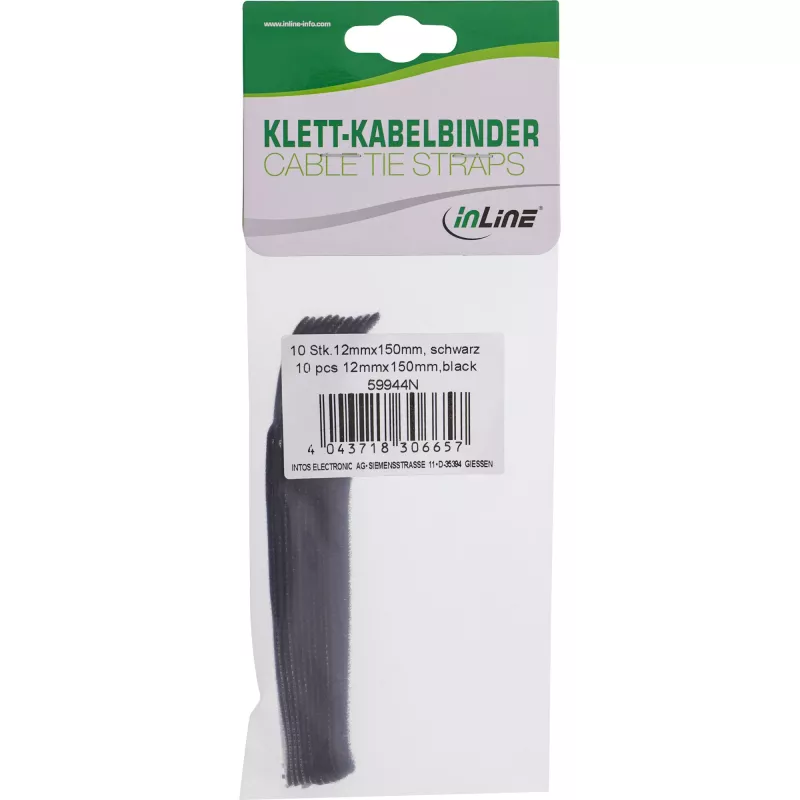Abraçadeiras de velcro InLine 12×150 mm, 10 unid., preto
