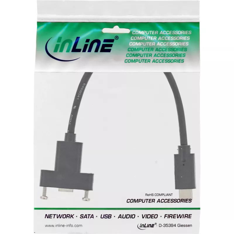 Cabo InLine USB 3.2 Gen.2 Type-C macho / fêmea com flange, preto, 0,20 m